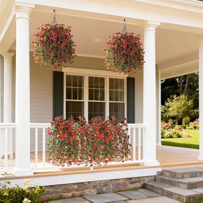 Artificial Hanging Flowers for Outdoors, 2 Pcs Fake Hanging Plant Spring Summer Decoration, UV Resistant No Fade Faux Flower for Porch Patio Yard Window Home Decor(Red Brown)