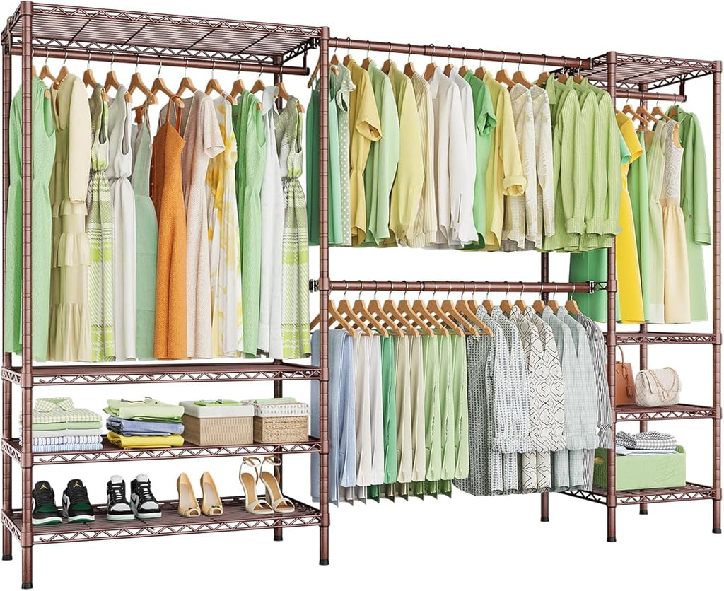 Ulif E11 Heavy-Duty Garment Rack, Metal Freestanding Clothes Rack and Closet Storage Organizer System with 8 Shelves and 4 Hanger Rods, (73.2-97.6)" W x 14.5" D x 71.2" H, Load 1034 LBS, Bronze