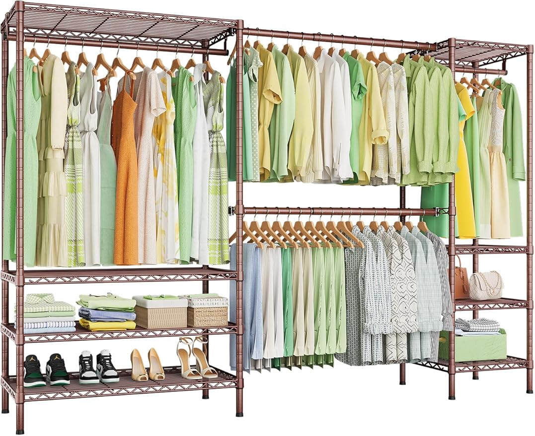 Ulif E11 Heavy-Duty Garment Rack, Metal Freestanding Clothes Rack and Closet Storage Organizer System with 8 Shelves and 4 Hanger Rods, (73.2-97.6)" W x 14.5" D x 71.2" H, Load 1034 LBS, Bronze