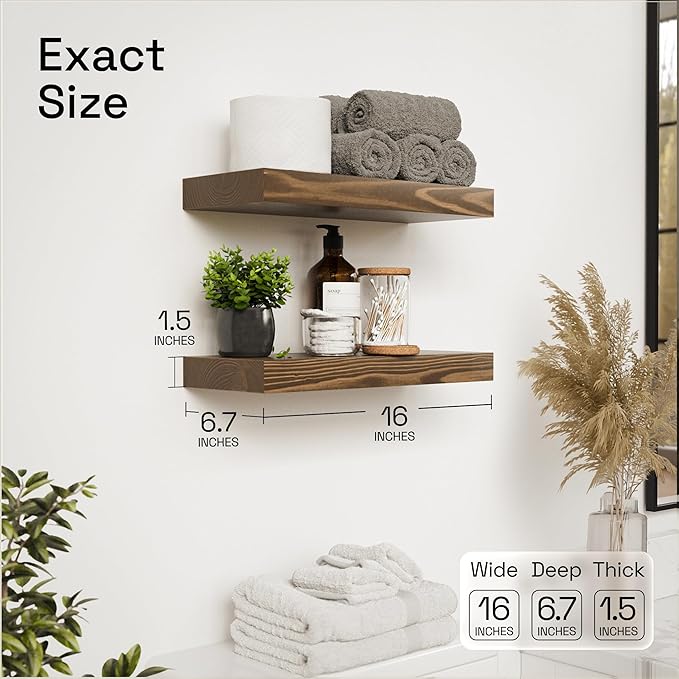 BAOBAB WORKSHOP Wood Floating Shelves for Wall Mounted, 16 inch Walnut Floating Shelf for Bathroom, Solid Wooden Wall Shelves for Kitchen Bedroom Farmhouse, Walnut Finish, 16 x 6.7, Set of 2