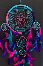 OMA Dream Catcher - Hand Made Traditional Tie Dye Colors Turquoise, Pink & Purple Feathers - 9" Diameter & 30" Long