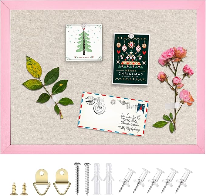 Linen Bulletin Board,13"x17" Pink Wood Frame Bulletin Boards,Beige Linen,Small Pin Board for Home Kitchen Office Decorative(PK-3343)
