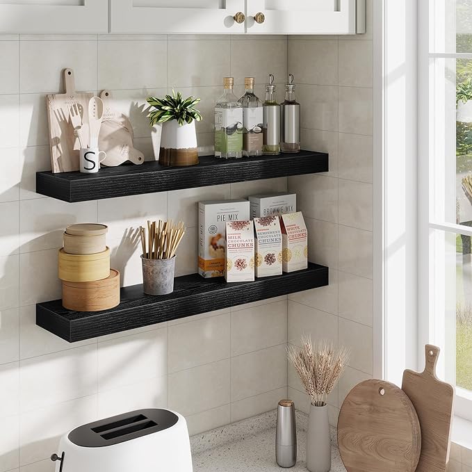 Fun Memories Floating Shelves 30 Inch, Wall Mounted Wood Shelf Set of 2, Farmhouse Decor for Bathroom, Bedroom, Kitchen, Living Room, Black