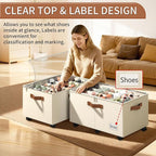 Shoe Organizer for Closet, Shoe Storage Organizer with Wheels and Adjustable Dividers, Stackable Shoe Storage Box with Clear Cover, Foldable Closet Shoe Organizer Fits up to 24-48 Pairs, Beige