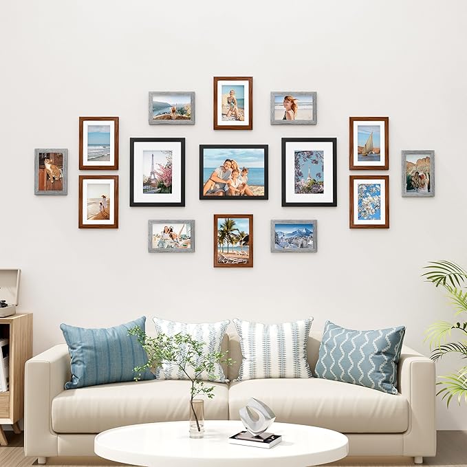 Vittanly 15 Pack Picture Frames Collage Wall Decor, Multi Sizes Including 3pcs 8x10, 6pcs 5x7 and 6pcs 4x6 Photo Frames, Gallery Frame Set for Wall or Tabletop Display, Black, Walnut Brown and Grey