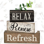 Lineshading 4 Pcs Bathroom Shelf Decor Sign Farmhouse Bathroom Decor and Accessories Rustic Eucalyptus Leave Wood Block Sign Gift Relax Renew Refresh Farmhouse Table Centerpiece for Home Office Toilet