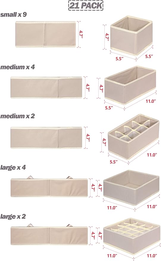 21 Pack Foldable Drawer Organizer Dividers Cloth Storage Box Closet Dresser Organizer Cube Fabric Containers Basket Bins for Underwear Bras Socks Panties Lingeries Nursery Baby Clothes Beige