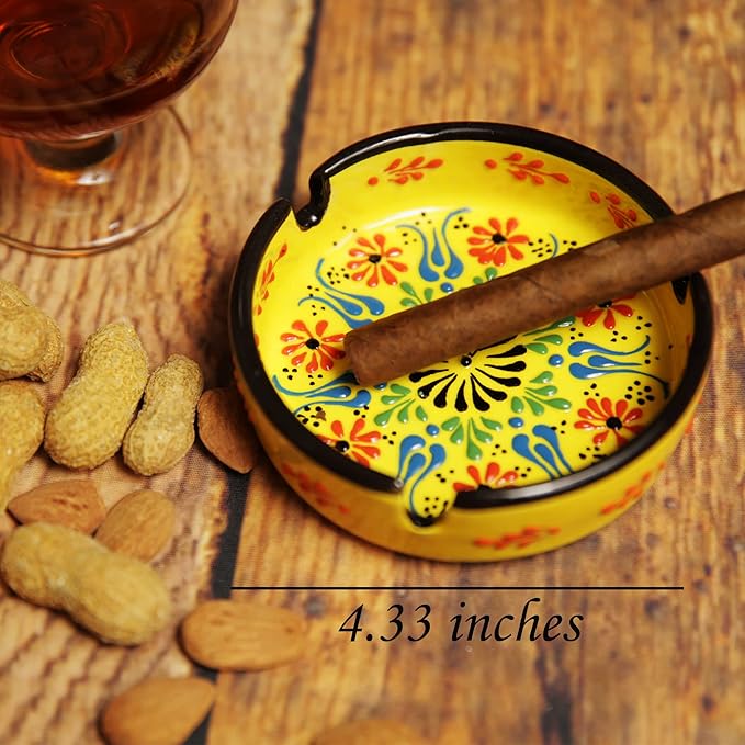 Ashtray Set Cigarette Ash Tray for Indoor Outdoor Use Ash Holder for Smokers Desktop Smoking Ash Tray - Home Office Decoration Hand-Paint Ceramic Cigar Ashtrays (2 pcs Large - Yellow and Blue)