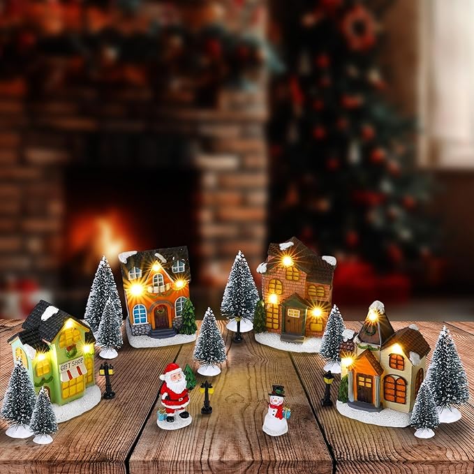 Aneco 19 Pieces Christmas Village Set Resin Christmas Houses with Santa Claus Snowman Figurines, LED Light Lamps, and Pine Trees, Xmas Town Scene Building Ornaments for Winter Home Desktop Decor Gift