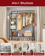 Clothes Rack - Double-Rod Clothing Rack with Built-In Hooks & Shelves, Multi-Functional Wardrobe Closet for Bedroom, Living Room, Entryway, 41.3" x 15.3" x 59.8", Black