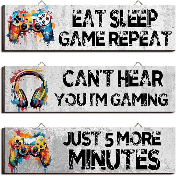 Hatzelou 3Pcs Game Wall Art Wooden Sign, Little Man Cave Sign Hanging, Game Hanging Wall Art Decor Sign, Gamer Wall Plaques Decor for Boys Kids Bedroom Playroom Nursery