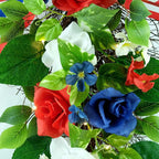 YULETIME 24" Pre-lit Decorative Teardrop Swag, Battery Operated Patriotic Theme Swag with Fairy Lights, Red, White & Blue Roses, Lilac Flowers, Green Leaves (Red White & Blue)
