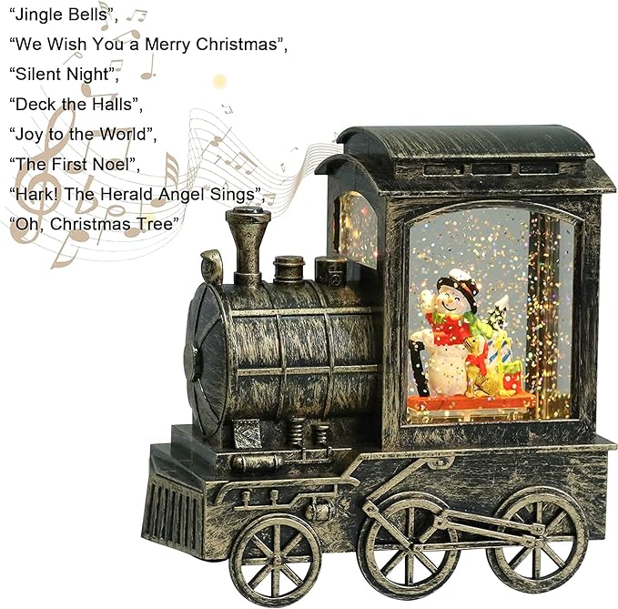 Music Snow Globe Train Lantern with Music and Timer, Battery Operated and USB Cable Snowman Lighted Snow Globe Spinning Water Glitter (Bronze, USB Included)