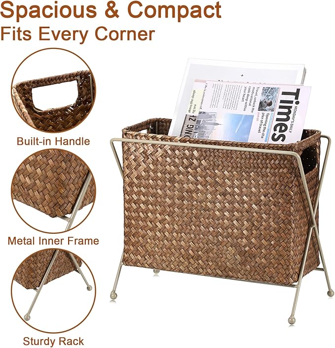 BTSKY Magazine Basket, Mail Basket for Counter, Woven Storage Bin with Metal Rack & Handle for Files, Books, Newspapers, Desktop Organizer for Office, Living Room, Dorm, Bathroom, 12"x5.7"x8.7"