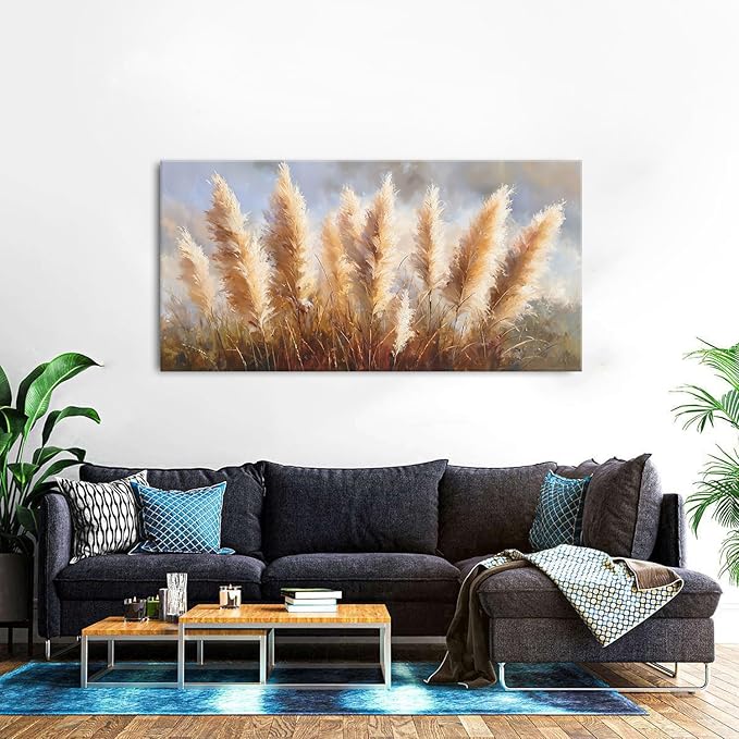 Vintage Boho Reed Canvas Wall Art Abstract Nature Plant Wall Decor Minimalist Botanical Prints Pictures Dried Reeds Flowers Poster Painting Artwork for Living Room Bedroom Home Decoration 29.53x57.87"