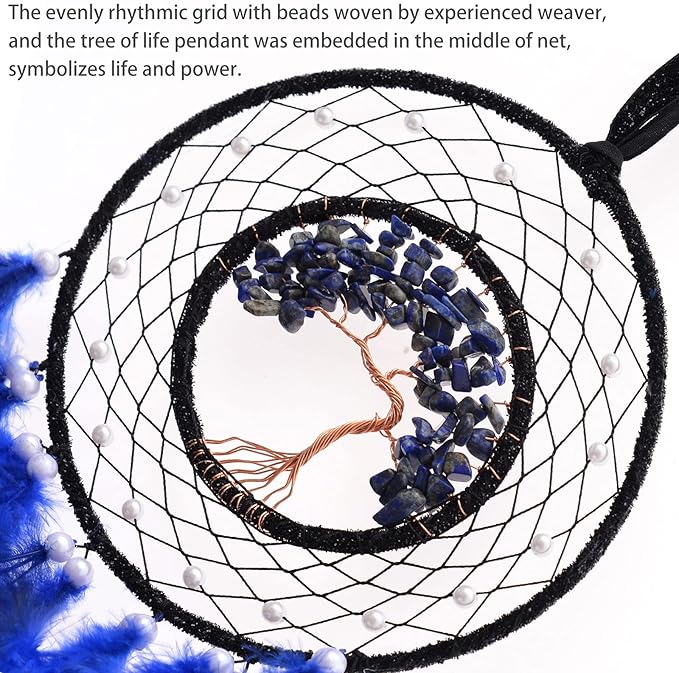 Dreamlike Deep Blue Tree of Life Dream Catcher Wall Decor with Healing Crystal Stone Handmade Feather Dream Catchers Decoration Wall Hanging for Girls Bedroom Living Room Wedding Party Home Décor