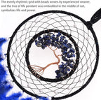 Dreamlike Deep Blue Tree of Life Dream Catcher Wall Decor with Healing Crystal Stone Handmade Feather Dream Catchers Decoration Wall Hanging for Girls Bedroom Living Room Wedding Party Home Décor