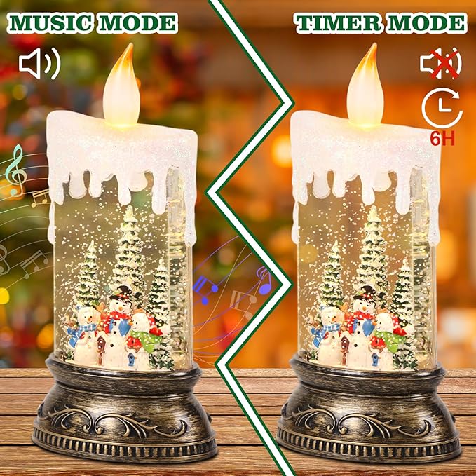 Eldnacele Christmas Music Snow Globe Lantern with 6H Timer Battery Operated & USB Powered Lighted Snowman Family Singing Snow Globe Candle Lamp Spinning Water Glitters Xmas Holiday Decor