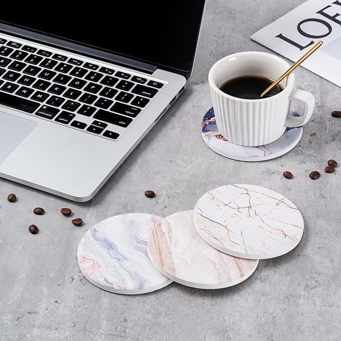 Hoewina 6Pcs Drink Coasters with Holder, Marble Style Ceramic Drink Coaster, Absorbent Coasters Set Suitable for Kinds of Cups, Modern Style Coasters for Coffee Table, 4 Inches（Cloud Style）