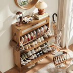 LEYAOYAO Shoe Storage Cabinet for Entryway with 2 Rattan Flip Drawers, Boho Narrow Shoe Cabinets for 16-20 Pairs Shoes with Large Drawers, Hidden Slim Shoe Rack with Wood Legs for Hallway, Tea Brown