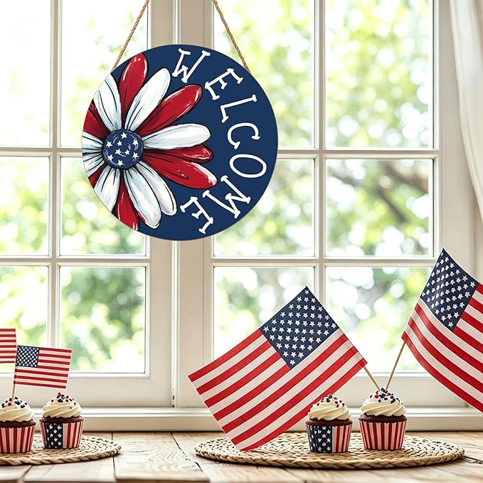 4th of July Decorations Memorial Day Door Sign 12x12 Inch American Patriotic Wood Door Hanger Independence Day Wreath Red White Blue Flower Welcome Hanging Sign for Front Porch Farmhouse Decorations