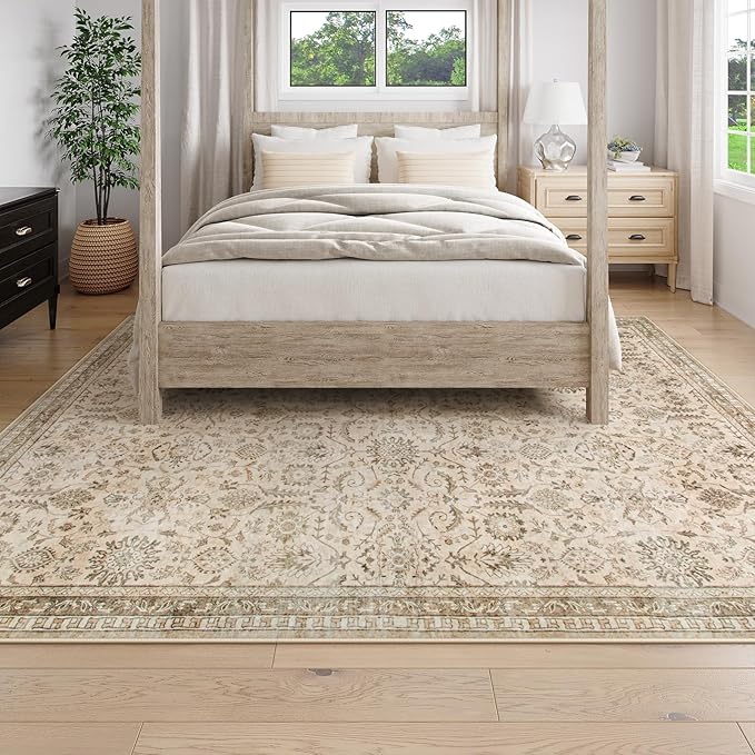 Lahome Boho Beige Fall Rugs for Living Room, Washable Bedroom Area Rug 5x7 Non-Slip, Soft Vintage Stain Resistant Nursery Carpets for Home Decor Non-Shedding, Soft Amber