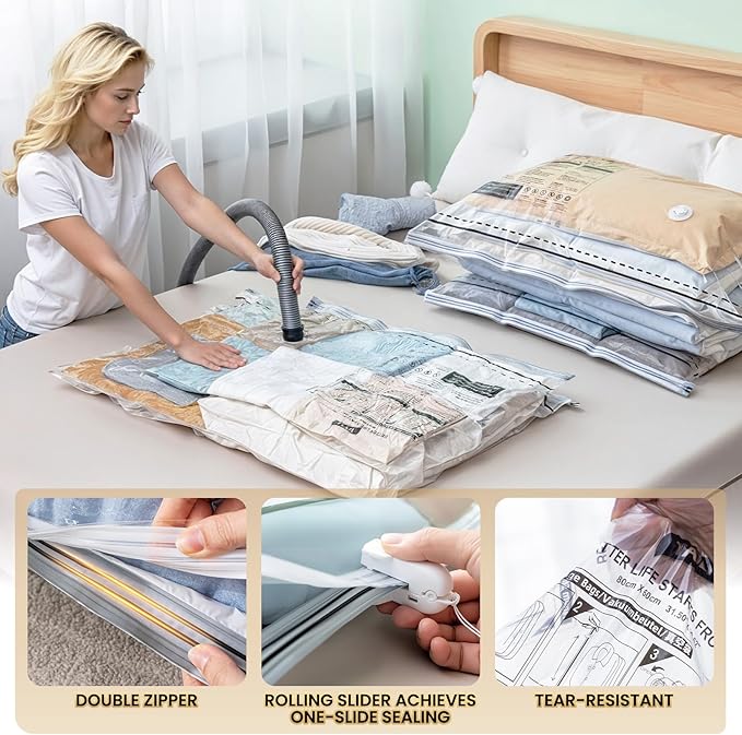 TAILI 6 Pack Vacuum Storage Bags, LONG SIDE ZIP (3 Large+3 Jumbo), Multi-Size Vacuum Seal Bags for Clothing, Storage Bulky Beddings, Comforters and Clothes, Space Saver for Closet Organization