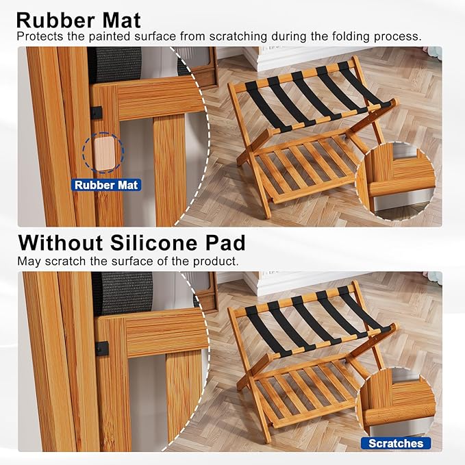 Smuxee Fully Assembled Honey Luggage Rack, Upgraded Bamboo Foldable Suitcase Stand with 5 Nylon Straps, Luggage Holder with Shelf for Guest Room Bedroom Hotel