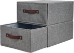 2PCS Closet Drawer Organizer Stackable Fabric Storage Boxes Bins Baskets with Lid PU Leather Handles Foldable Washable Cotton Linen Wardrobe Shelf Cloth Towels Container (Gray, Large)