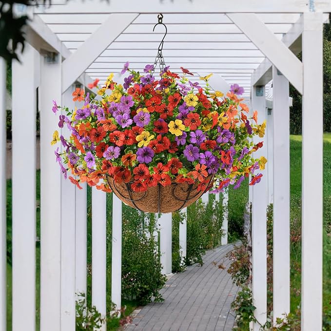 Artificial Faux Hanging Flowers Plants with Basket for Outdoor Spring Decoration, Fake Silk Daisy Outside Indoor UV Resistant Look Real Yard Patio Front Porch Garden Balcony Home Decor(Mix2)