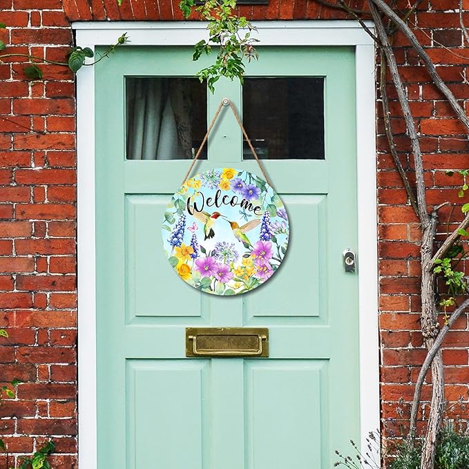 Welcome Spring Summer Hummingbird Front Door Sign Decor 12"x12" Spring Floral Flowers Wood Door Hanger for Outdoor Outside Porch Seasonal Farmhouse Wooden Wreath Wall Hanging Sign for Home Yard