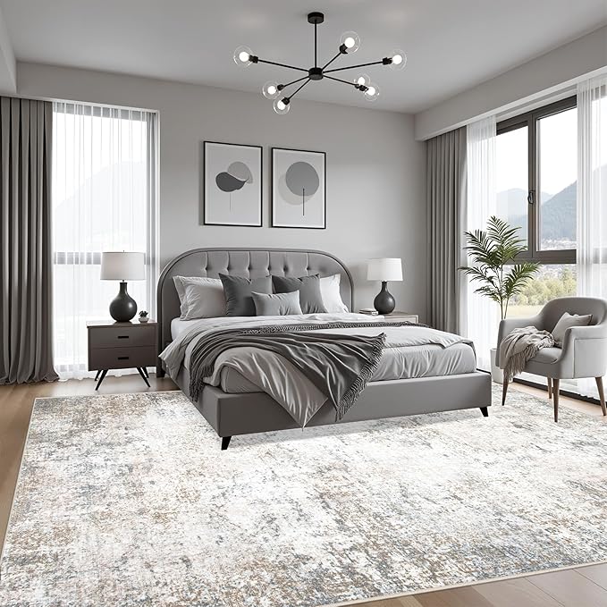 4x4 Area Rug Living Room Rug: Washable Modern Abstract Soft Thin Rug Indoor Floor No Slip Stain Resistant Carpet for Bedroom Dining Room Farmhouse Nursery Home Office - Brown Grey