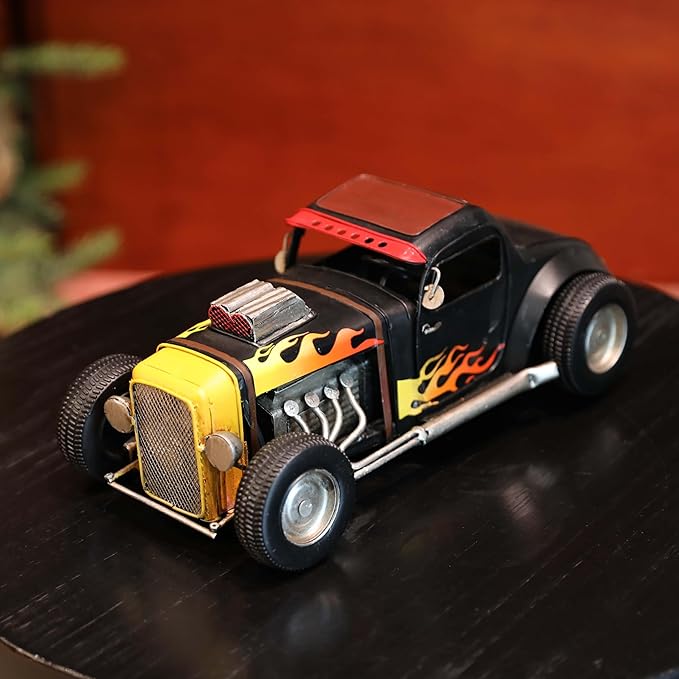 GENUINQ Vintage Hot Rod Metal Car Model Retro Classic Car Decor, Handmade Collectible Vehicle Figurine with Flame Design for Home, Office, Man Cave Decor & Gift