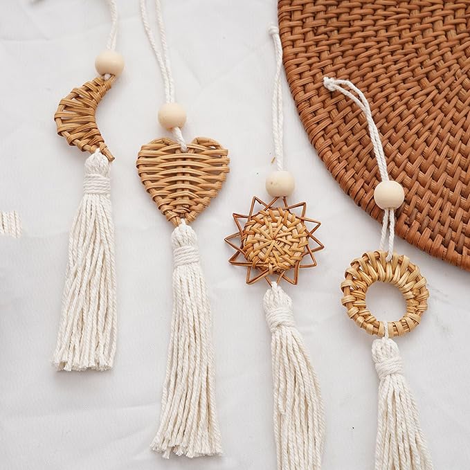 Set of 4 Handwoven Wall Hanging Natural Fiber Pendants Decors with Cotton Tassels for Living Room Aesthetic Ornaments Cotton Rope Tassels Hanging Charm