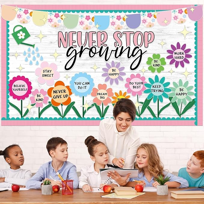 Spring Never Stop Growing Bulletin Board Classroom Decoration Grow Flower Cutouts Positive Paper Cutouts for Teacher Back to School Office Home Chalkboard Spring Inspirational Door Wall Decor Supplies