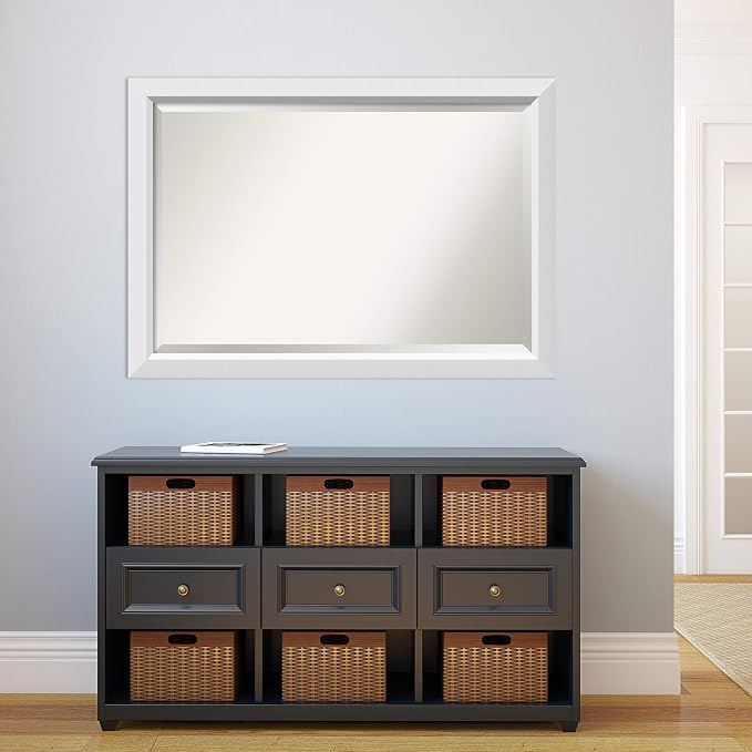 Amanti Art White Wall Mirror 28x40 Blanco White Rectangle Bathroom Mirror for Wall Decor Living Room, Large Modern Wood Frame, Hangs Horizonally and Vertically, Bathroom Decor, Beveled Edge