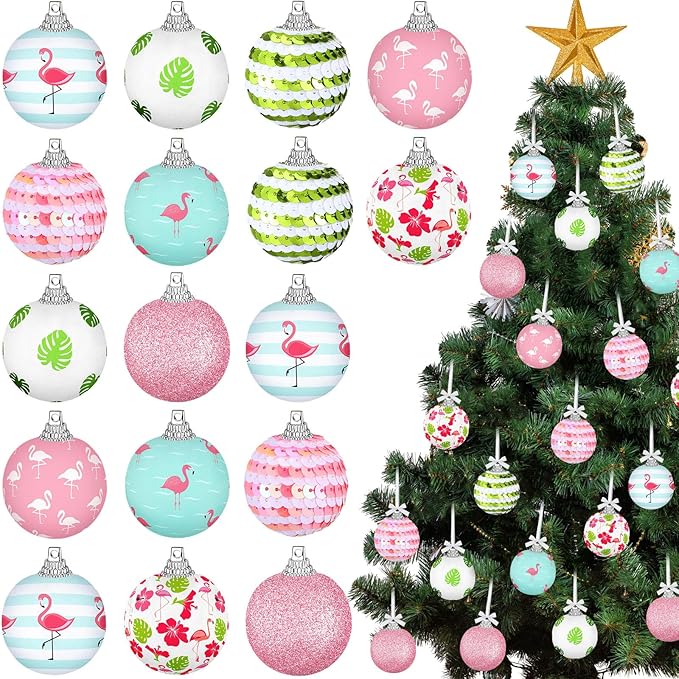 Zeyune 16 Pcs Summer Flamingos Tree Ornaments Summer Hanging Ornament Ball Tropical Palm Flamingo Hanging Home Decorations for Tree Tropical Party Holiday Decor