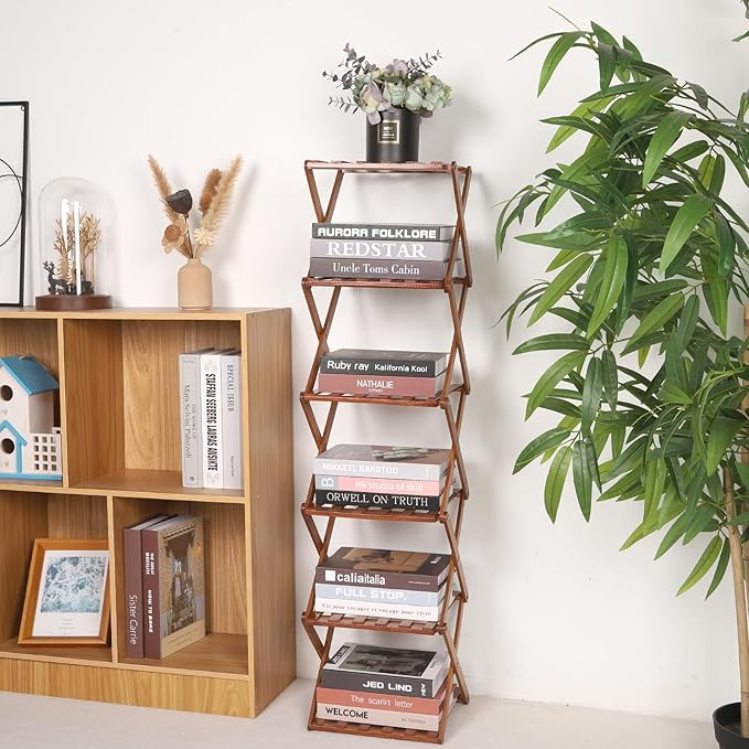 Bamboo Shoe Rack 6 Tier Foldable Shoe Rack Narrow Vertical Shoe Organizer Free Standing Shelf, Multifunctional Slim Storage for Entryway, Corner, Bedroom, Hallway, Walnut Color