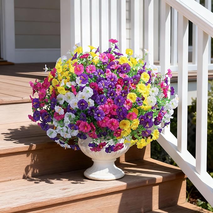 Ivydale 24 Bundles Artificial Flowers for Outdoors Faux Plants Spring Outdoor Decoration Faux Silk Morning Glory with Eucalyptus Realistic UV Resistant for Outside Porch Patio Window Garden Yard Home