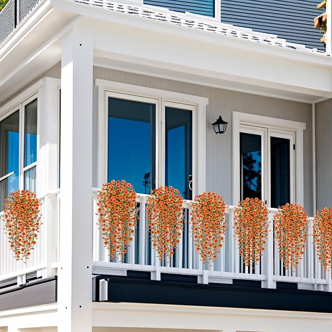 Artificial Hanging Flowers for Outdoors Fake Plants Decoration, 2 Packs Faux Silk Daisy Flower Realistic Outdoor Flowers UV Resistant Porch Patio Window Yard Indoor Spring Decor(Orange)