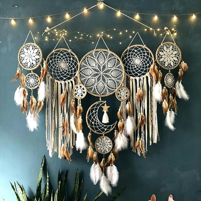 Set of 5 Boho Large Moon Dream Catcher Wall Hanging, Camel | Vintage Wedding Decor, Home Decorations, Wall Decor