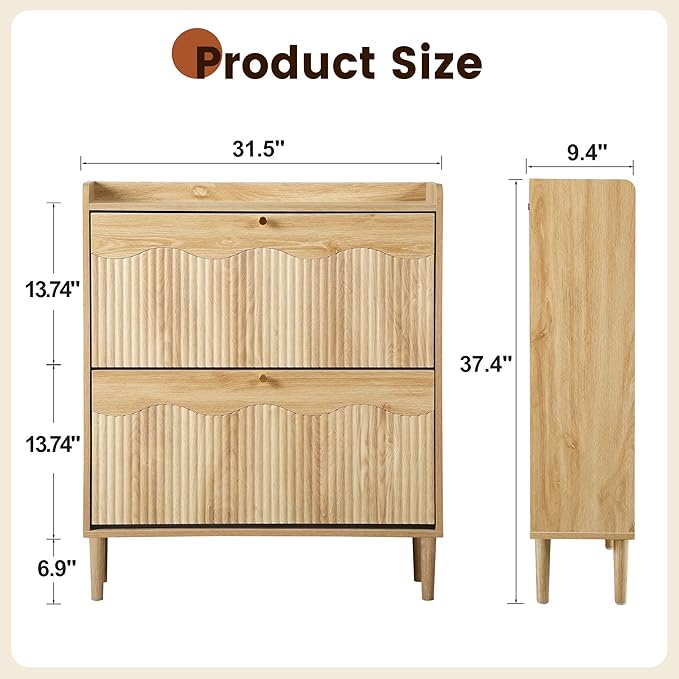 BERRYMERRY 31.5” Fluted Shoe Storage Cabinet for Entryway, 2 Flip Drawers Narrow Shoe Organizer Cabinet with Wave Profile for Hallway,Living Room