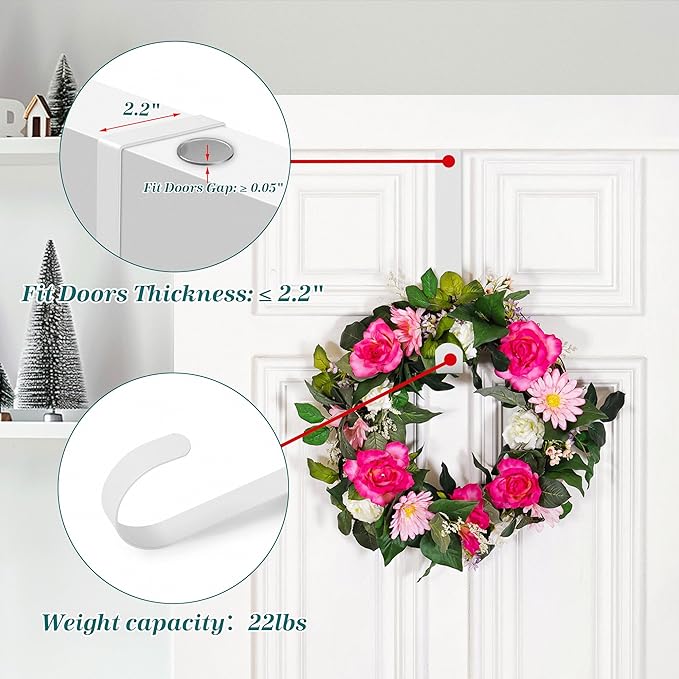 HOOSUN 4th of July Decorations Wreath Hangers for Front Door,12 Inch Metal Wreath Hook Holder for Spring Decor,20 Lbs White Over The Door Wreath Hanger for Spring Patriotic Wreath Front Porch Decor