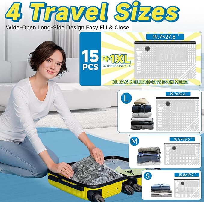 Travel Vacuum Storage Bags 16 Pack with USB Powered Electric Pump, Vacuum Seal Bags for Clothing Travel, Space Saver Bags for Luggage, Suitcase & Home Organization