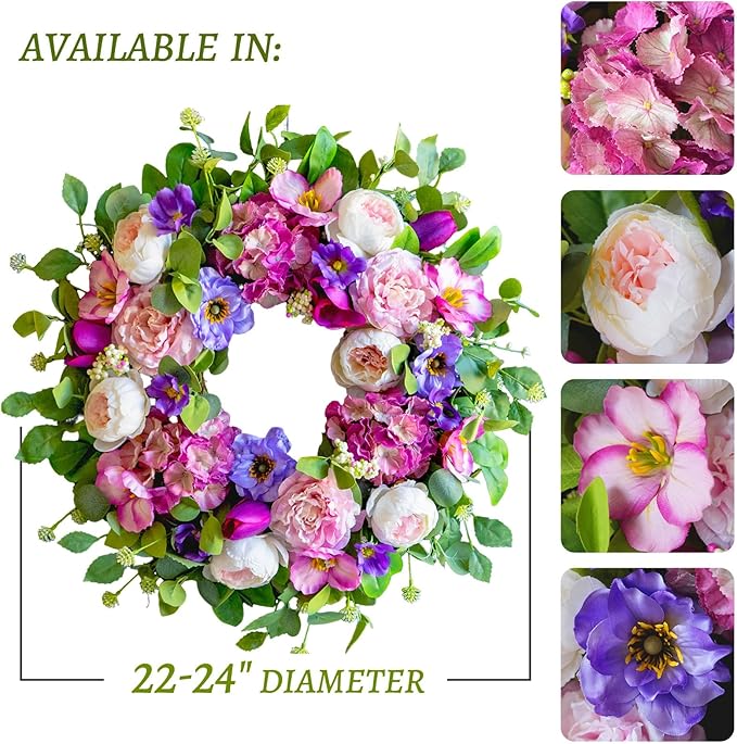 Spring Wreaths for Front Door Outside- 24 Inch Summer Wreath with Blush Pink Roses & Purple Blooms and Hydrangeas,Luxury Spring Door Wreath for Porch,Home,Wall,Window Decor(Indoor Outdoor Use)