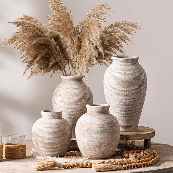 Ceramic Flower Vase Home Decor - Farmhouse Table Vases Rustic Vintage Living Room Kitchen Bedroom Decorations for House Book Shelf Office Coffee Desk Dining Fireplace (7.4" Retro)