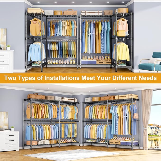 E15 Pro Garment Rack L Shaped Clothes Rack for Corner，Freestanding Clothing Racks for Hanging Clothes，Heavy Duty Closet System with 4 Hanging Rods & 8 S Hooks，48.8"W x 15.8"D x 78.4"H，Grey