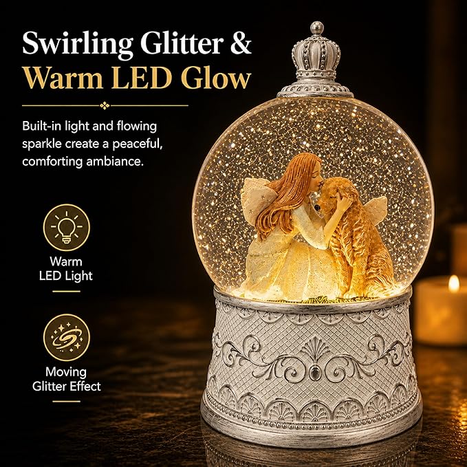 Dog Memorial Gifts for Loss of Dog Sympathy Gift, Snow Globe with Auto Swirling Glitter & 6H Timer, Battery or USB Powered, Dog Passing Away Gifts for Home Decor