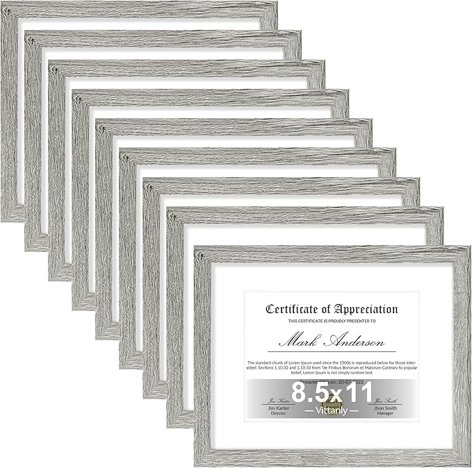 Vittanly 8.5x11 Picture Frames Set of 9, Shatter Resistant Plexiglass, Display 6x8 Pictures with Mat or 8.5x11 without Mat, Photo Frames for Wall or Tabletop, Engineered Wood, Grey