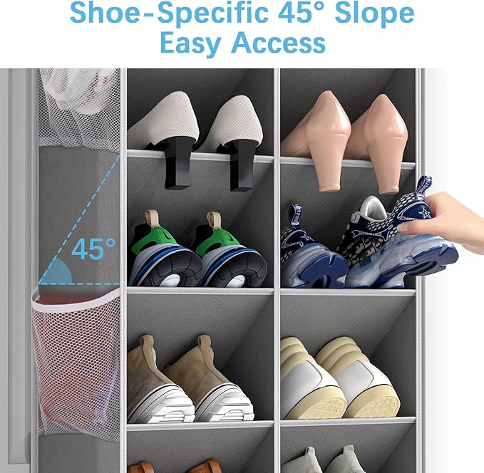 Yecaye 8 Tier Over the Door Shoe Organizer of Deep 16 Compartments, 50lbs Load Shoe Rack for Door in Oxford Holds 16-24 Pairs, Stain-Resistant Hanging Shoe Organizer for Closet, Grey